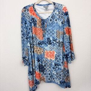 Catherines Womens Blouse Top Size 3X Flowy Classic Office Artsy Geo Print Blue